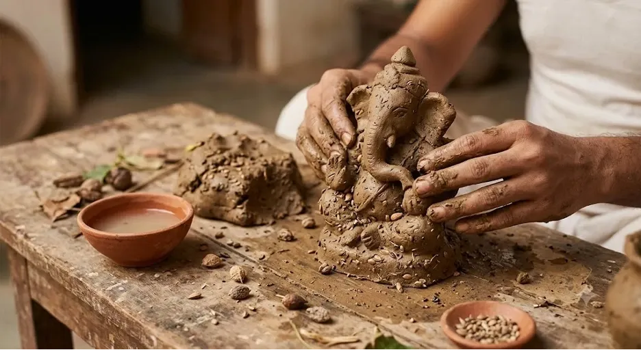 Hands sculpting an eco-friendly clay Ganesha idol