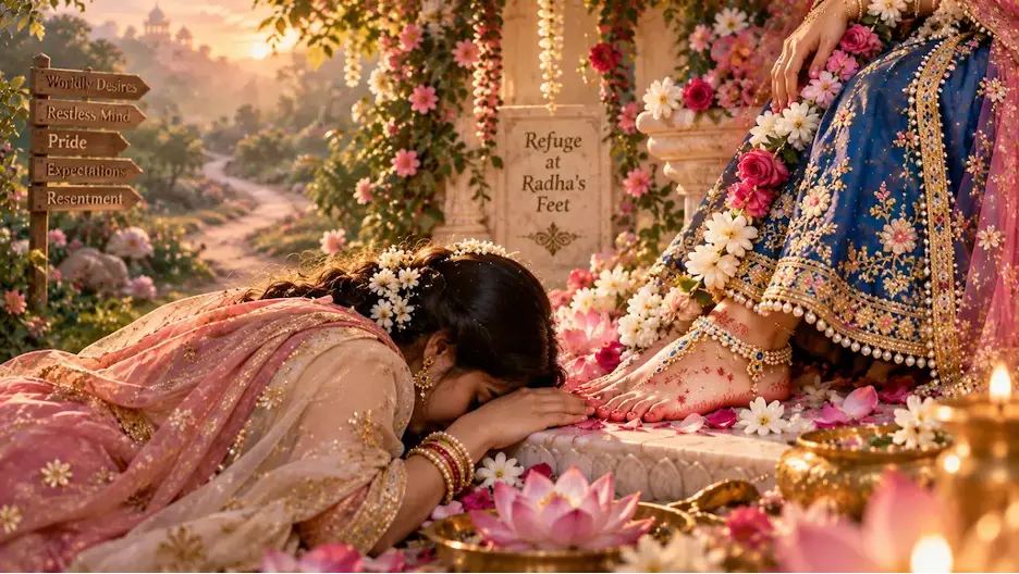 A devotee surrendering at the lotus feet of Radha Rani