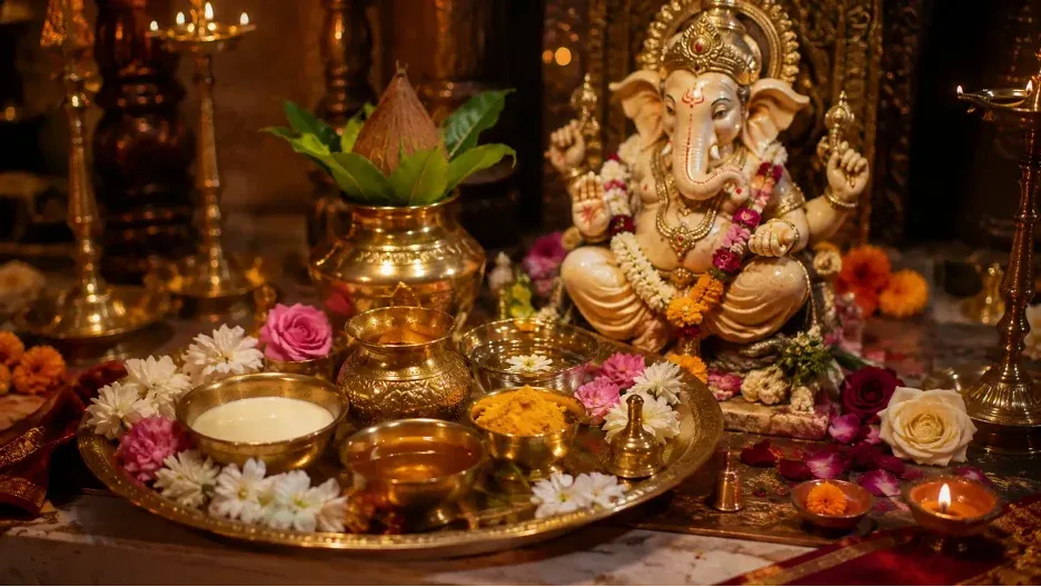Lord Ganesha with traditional Abhishek offerings arranged on a brass puja thali