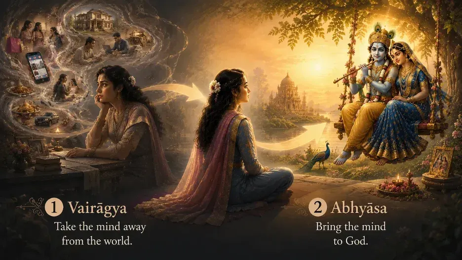 A devotee turns from worldly distractions toward Radha-Krishna through vairāgya and abhyāsa.