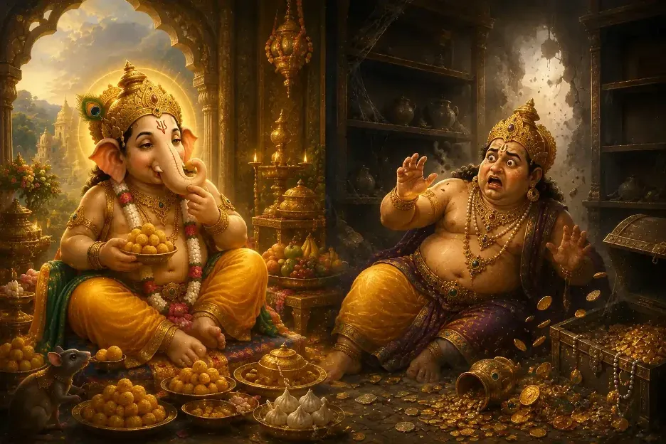 Kubera brought out his finest dishes, but Ganesha ate them all and continued asking for more