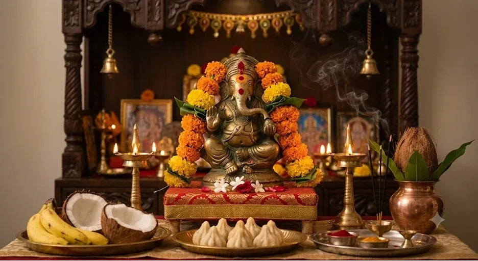 Ganesha idol on altar with modak, fruits, and lit lamps