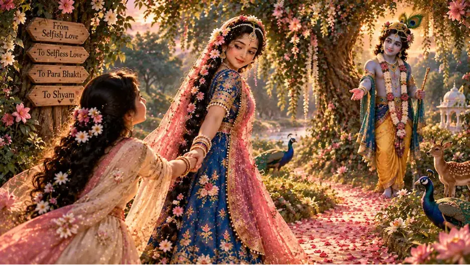Radha Rani leading a devotee through Vrindavan toward Shree Krishna