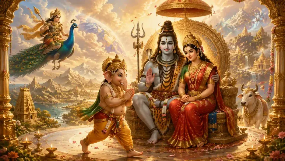 Lord Ganesha circumambulating Shiva and Parvati while Kartikeya rides his peacock