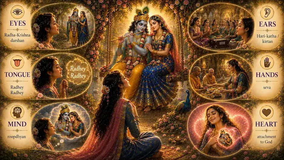 A devotee engages eyes, ears, tongue, hands, mind, and heart in devotion to Radha-Krishna.