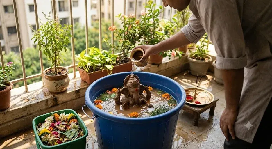 Man immersing clay Ganesha idol in a blue tub