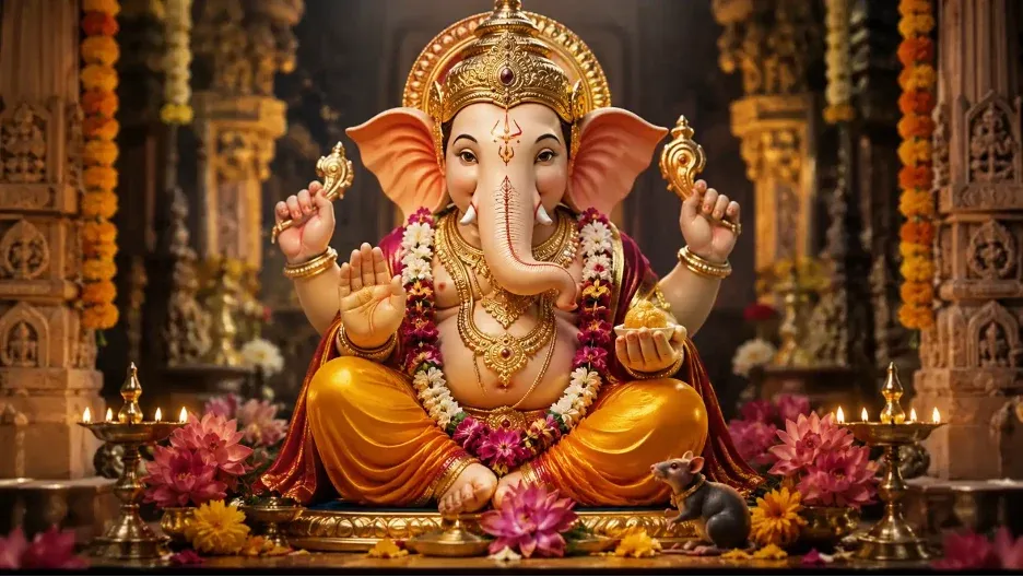 Lord Ganesha seated in a decorated temple with His mouse near His feet.