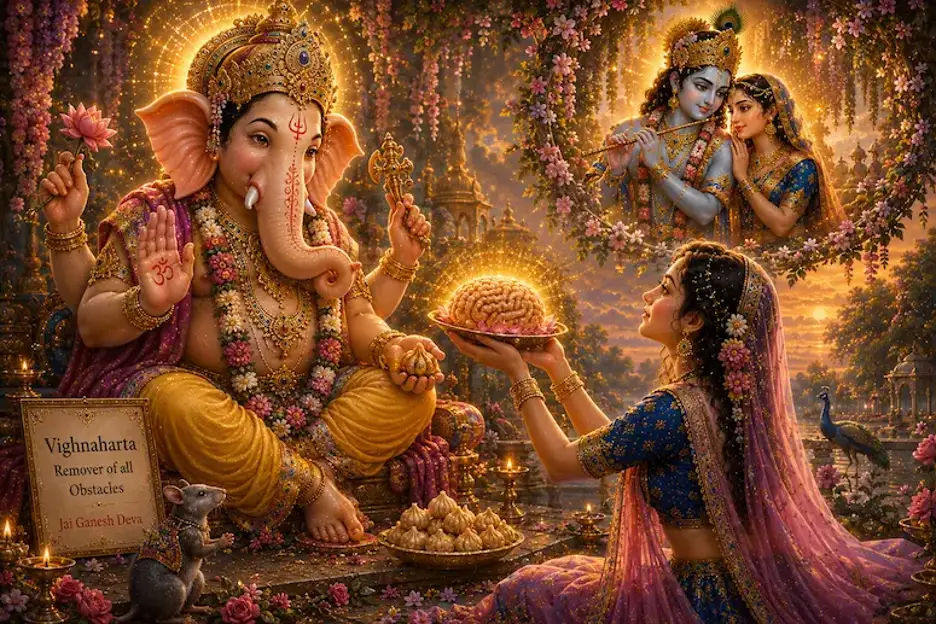 A devotee offers her mind to Lord Ganesha as Radha-Krishna appear in loving remembrance.
