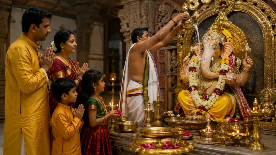 A family praying as Ganesh Abhishek is performed before Lord Ganesha in a temple