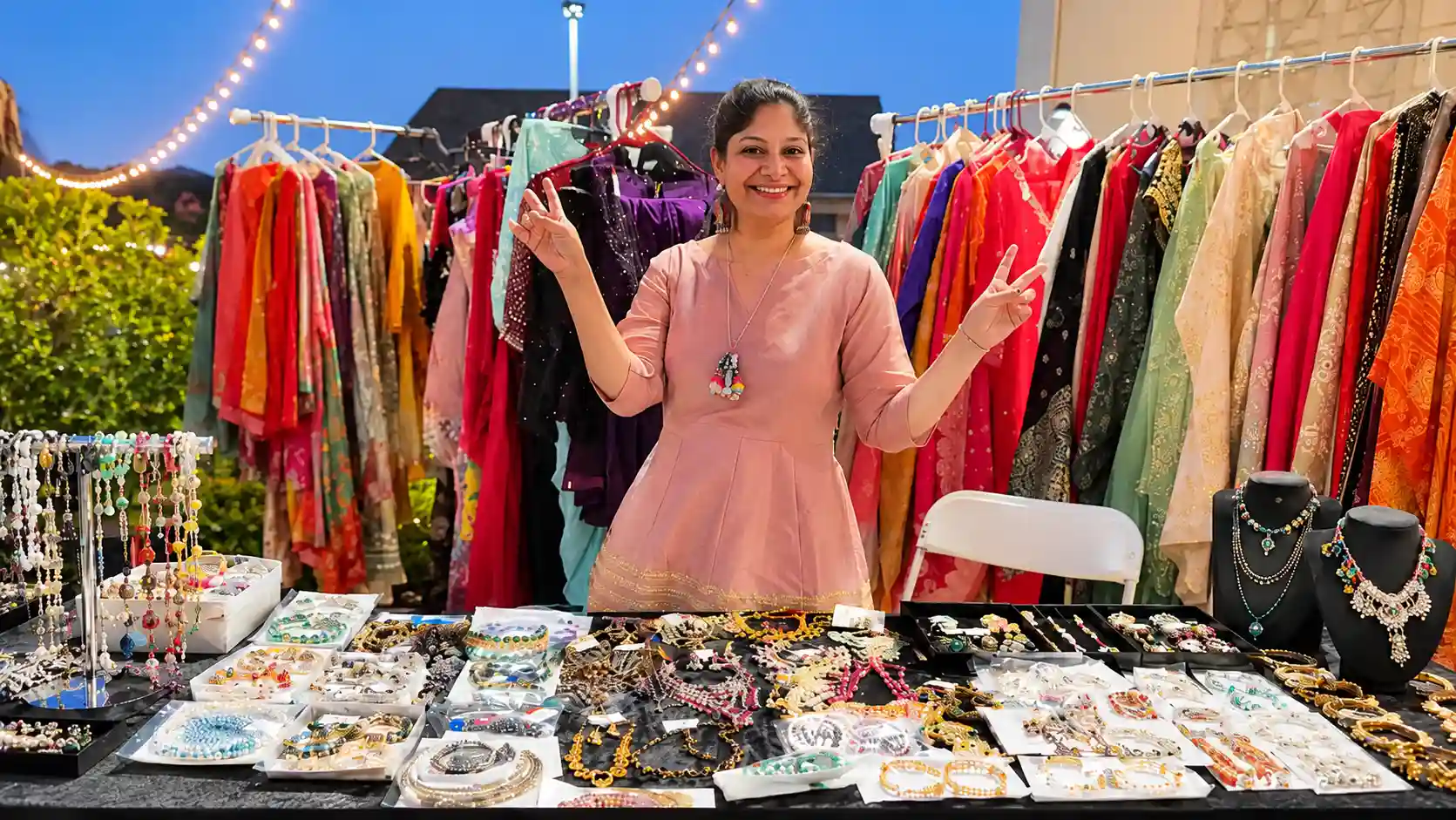 Smiling vendor standing behind a jewelry display with colorful traditional clothing racks at an evening festival market