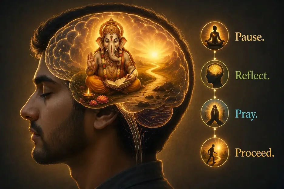 When the mind rushes ahead, Ganesha reminds us to pause, seek wisdom, and then proceed with faith