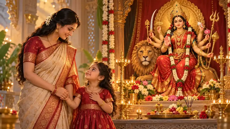 Mother and child holding hands before Maa Durga