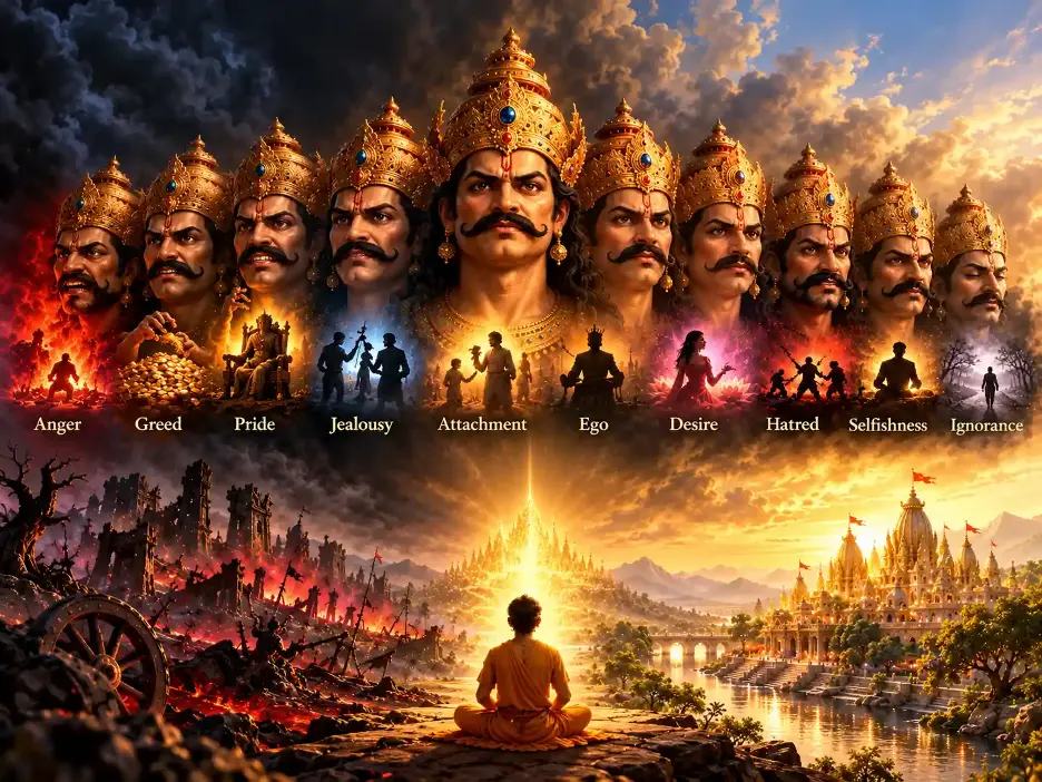 Ravan’s ten heads symbolize anger, greed, pride, jealousy, attachment, ego, desire, hatred, selfishness, and ignorance