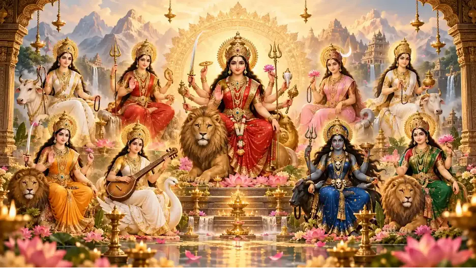Navadurga illustration showing the nine forms of Maa Durga in a radiant devotional setting