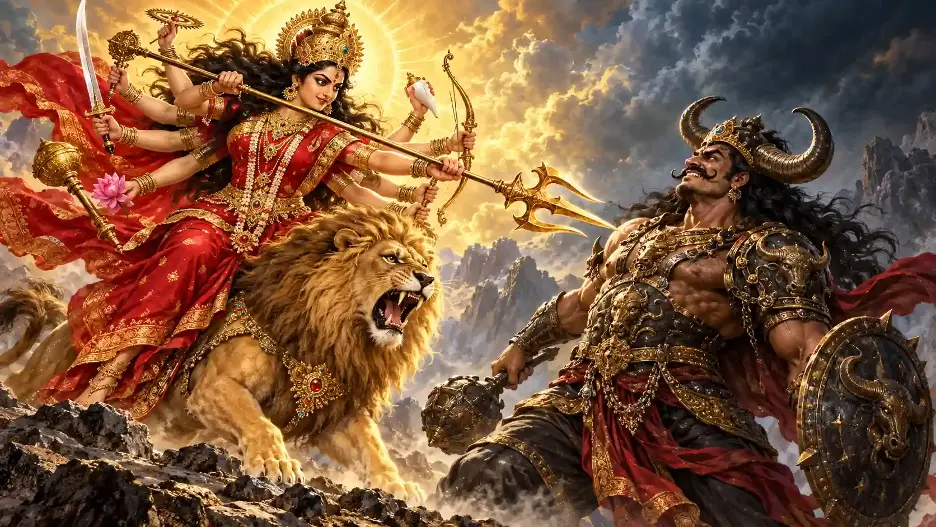 Maa Durga directs her trident at Mahishasura