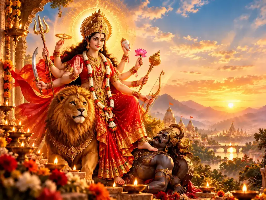 Radiant Maa Durga with her lion, symbolizing divine strength and the victory of dharma over Mahishasur