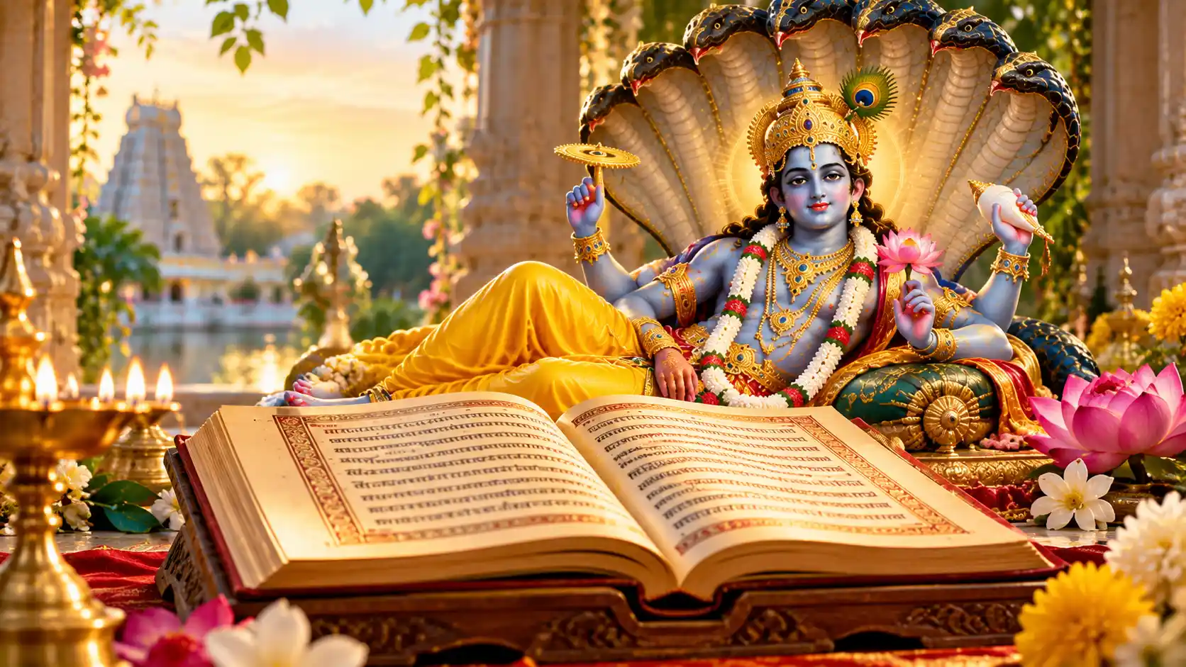 Lord Vishnu reclining beneath Shesha beside an open sacred scripture, surrounded by lotus flowers and glowing oil lamps in a Hindu temple