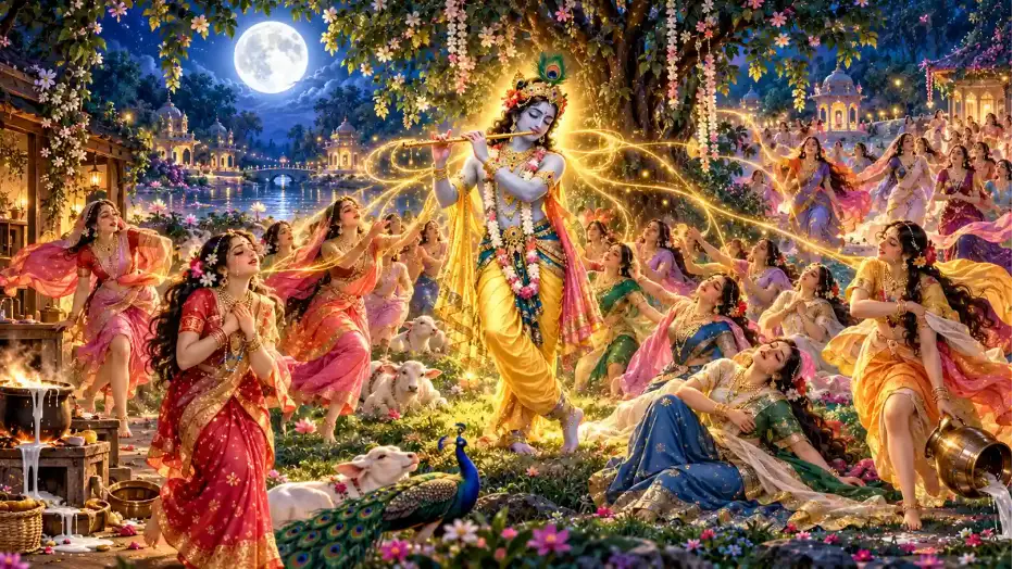 Krishna plays his flute attracts the Gopis for Maha Ras