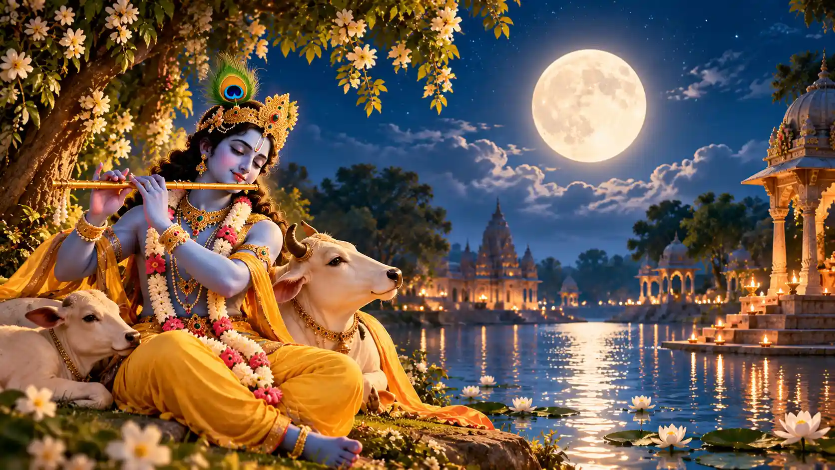 Lord Krishna playing his flute beside white cows under a radiant full moon, with lotus-filled waters, illuminated temples, and glowing oil lamps creating a serene Sharad Poornima night