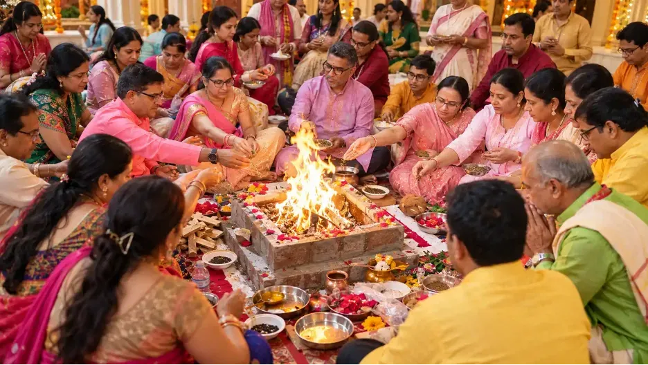 Devotees and priests performing Durgashtami Havan before Maa Durga in a decorated temple