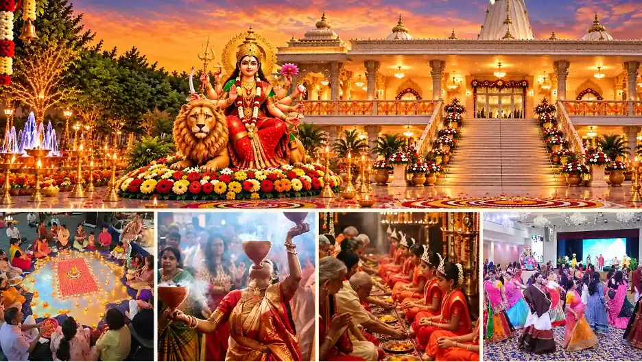 Navratri collage with worship and festive dancing