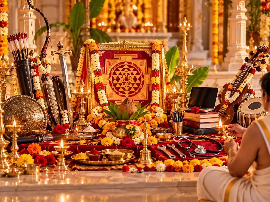 Sacred Dussehra Yantra and Ayudh Pooja with a decorated yantra, diyas, flowers, books, musical instruments, and professional tools offered in worship