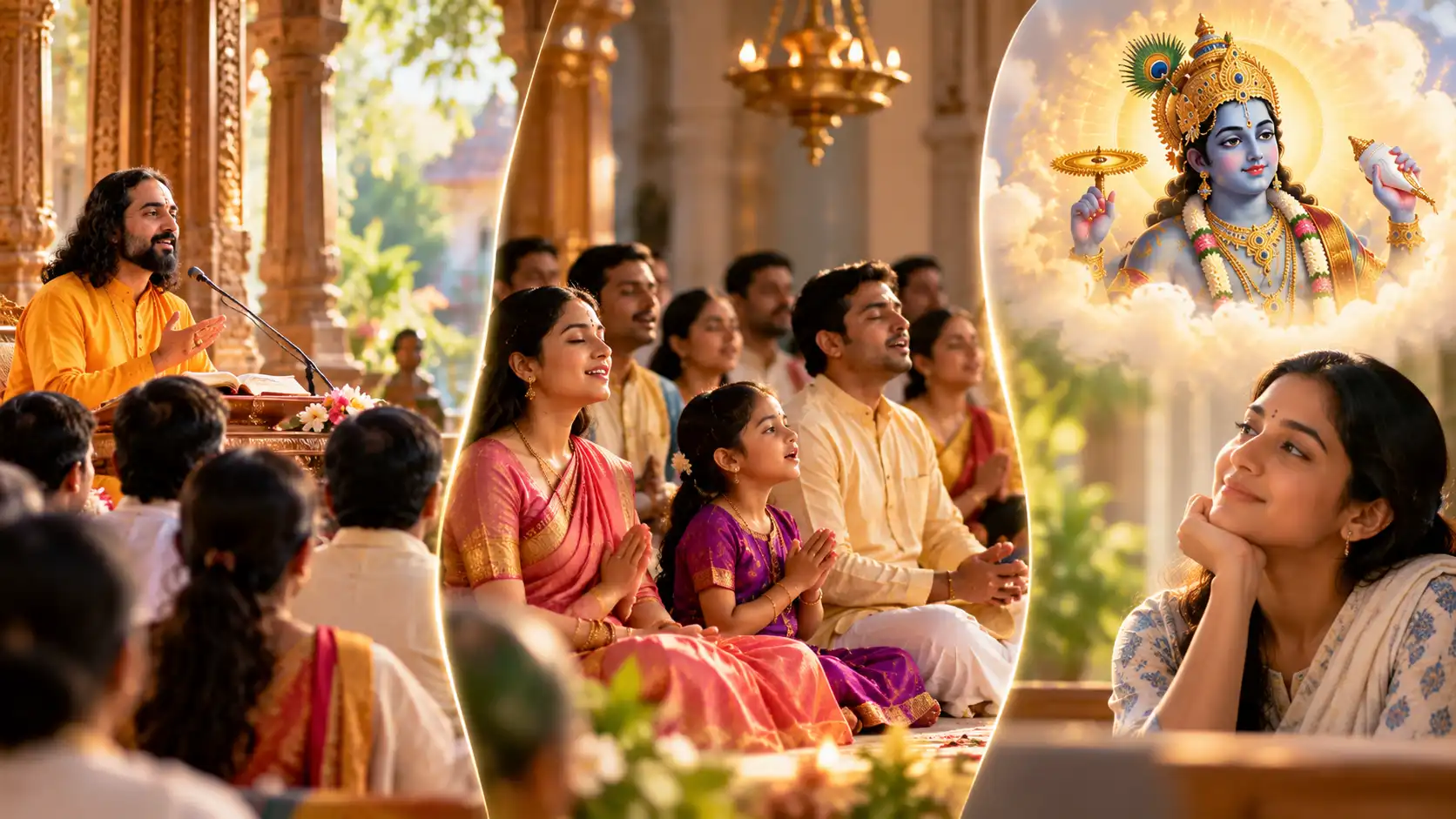 Devotees listening to spiritual teachings, chanting together in a temple, and meditating on Lord Vishnu, illustrating the three practices of Tridha Bhakti.