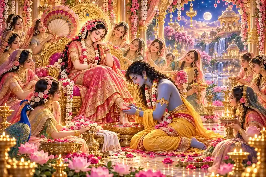 Shree Krishna lovingly washes Radha's feet in his divine pastime