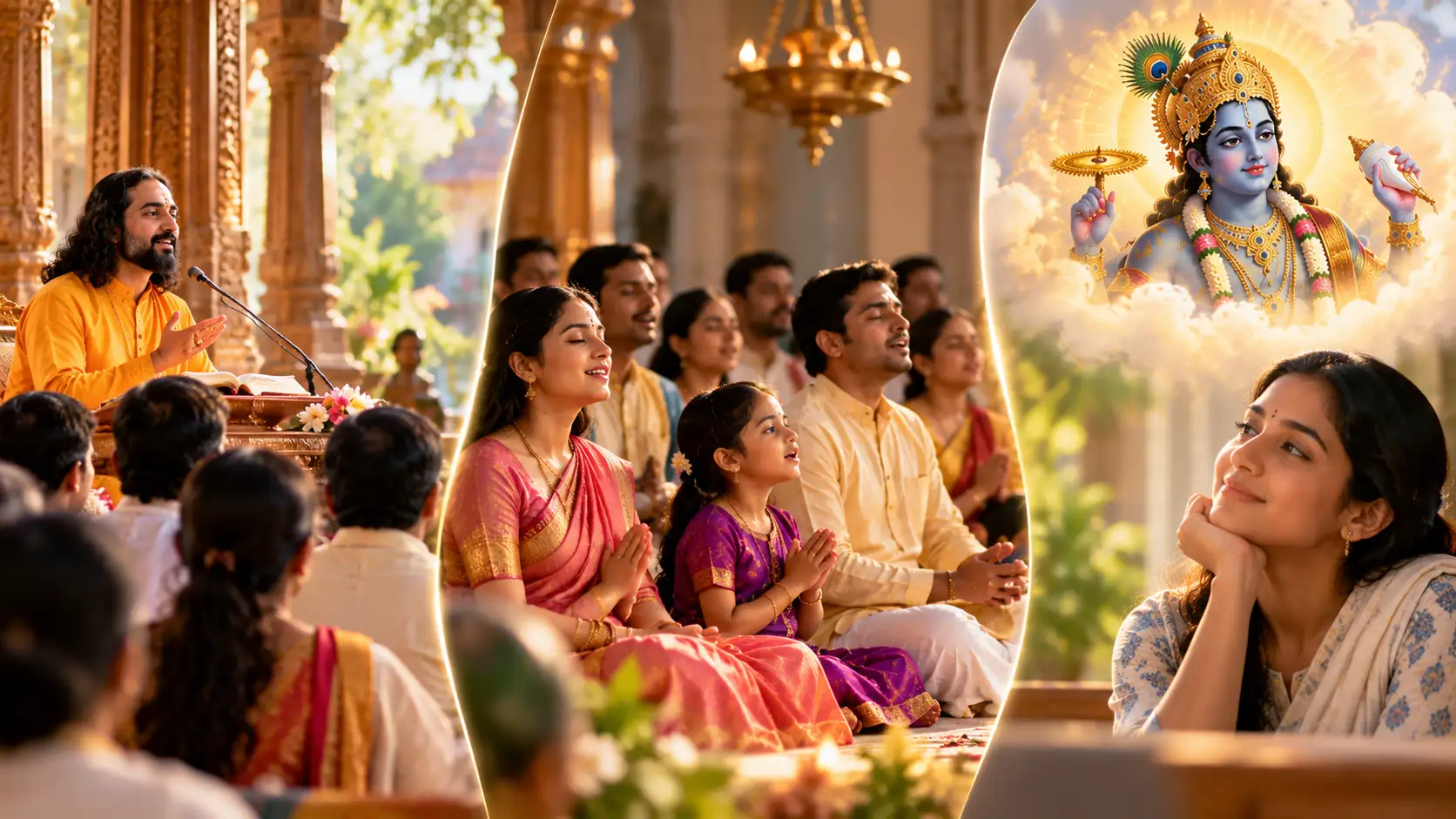 Devotees listening to spiritual teachings, chanting together in a temple, and meditating on Lord Vishnu, illustrating the three practices of Tridha Bhakti
