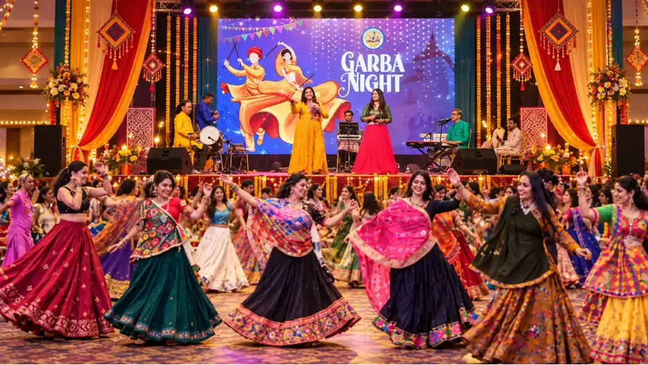 Women performing Garba in colorful traditional outfits during a Navratri celebration at the temple
