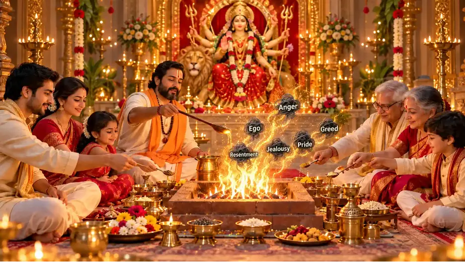 Family at havan with symbolic knots of negativity