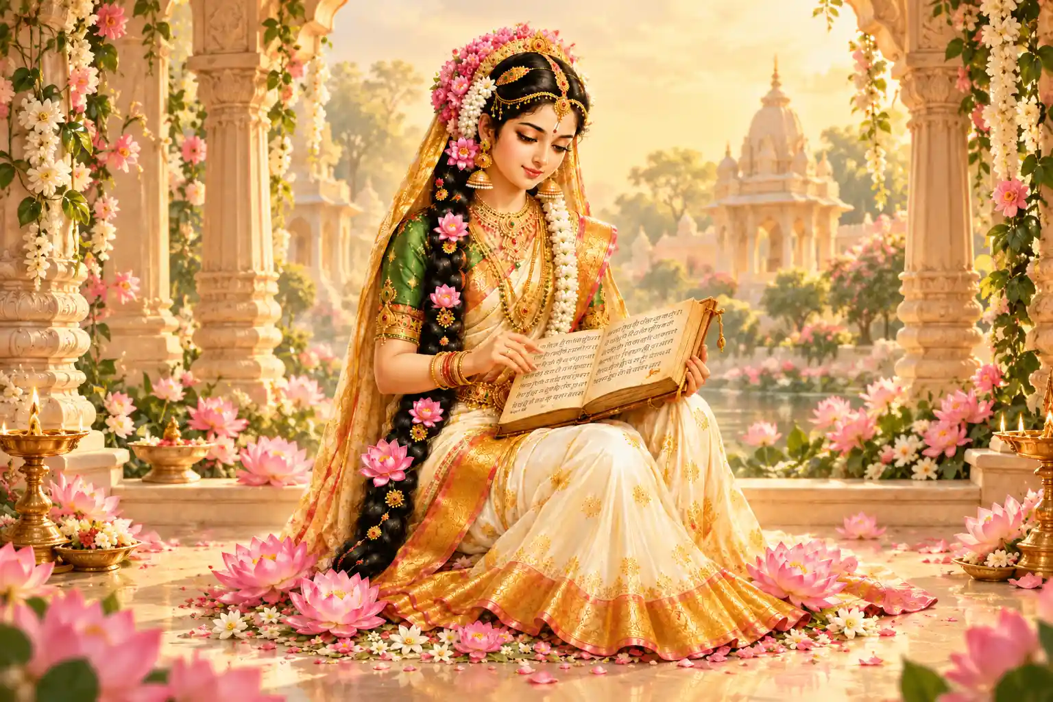 Sri Andal dressed in a traditional ivory-and-gold sari, reading sacred verses from a manuscript in a lotus-filled temple setting