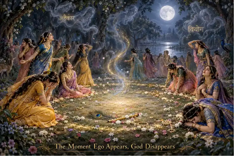 Gopis weep in a forest as Krishna disappears due to ego and separation