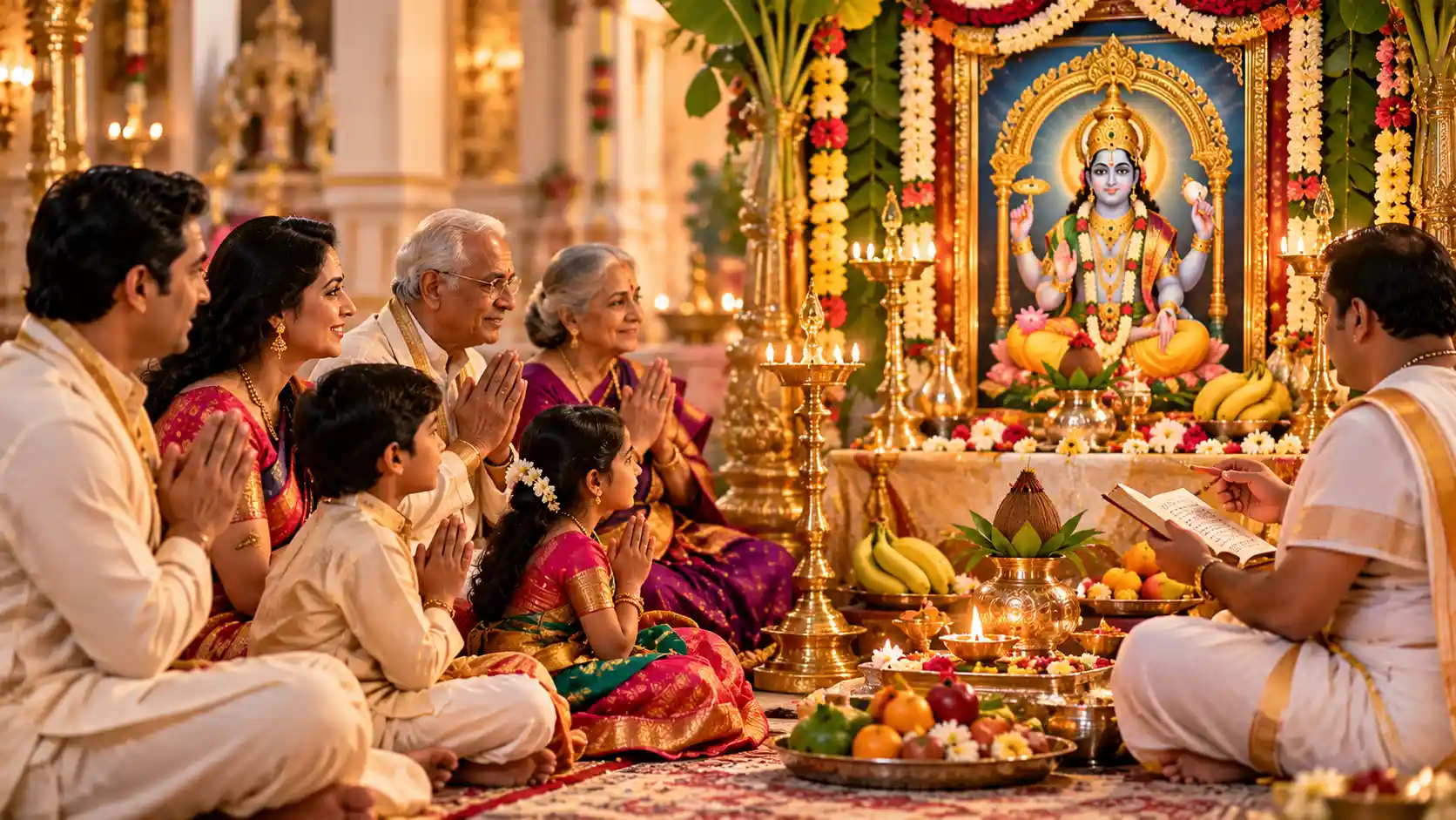 A multigenerational Indian family praying together during Satyanarayan Pooja in a decorated Hindu temple, with a priest, sacred offerings, glowing oil lamps, and an image of Lord Vishnu at the altar