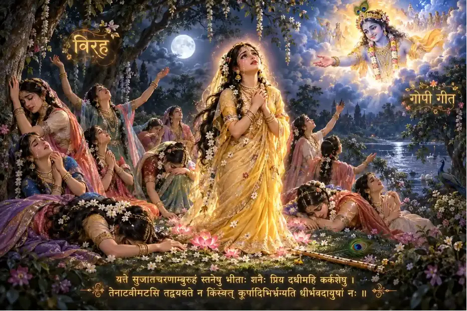 Radha and Gopis pray with longing as Krishna appears in the sky