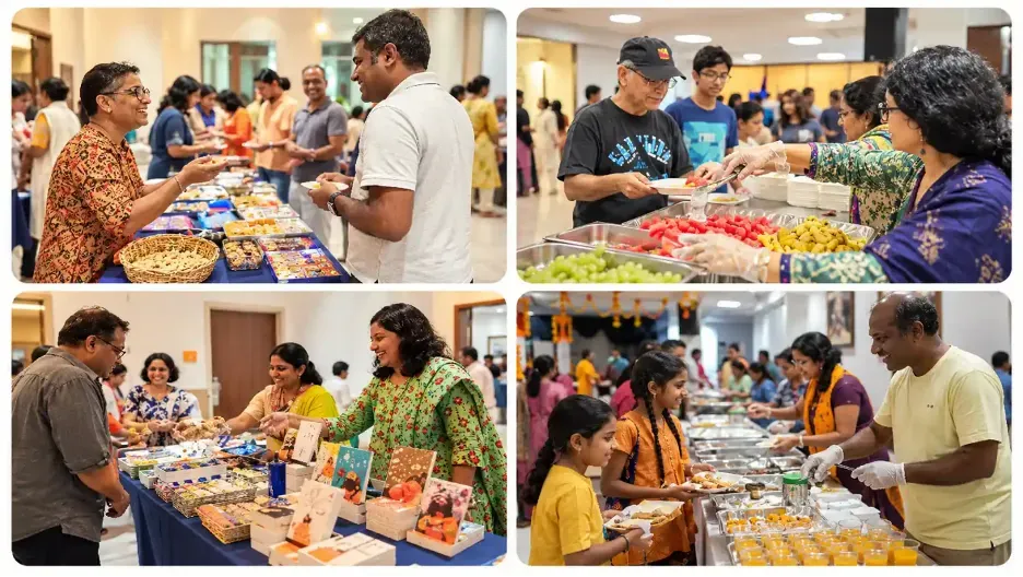 Devotees and volunteers serving food, sharing festive treats, and participating in community activities during Navratri celebrations