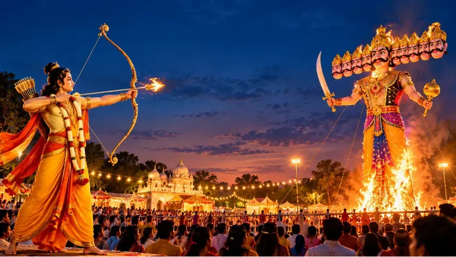 Lord Rama aiming a flaming arrow toward Ravana during a vibrant Dusshera Ravan Dahan celebration