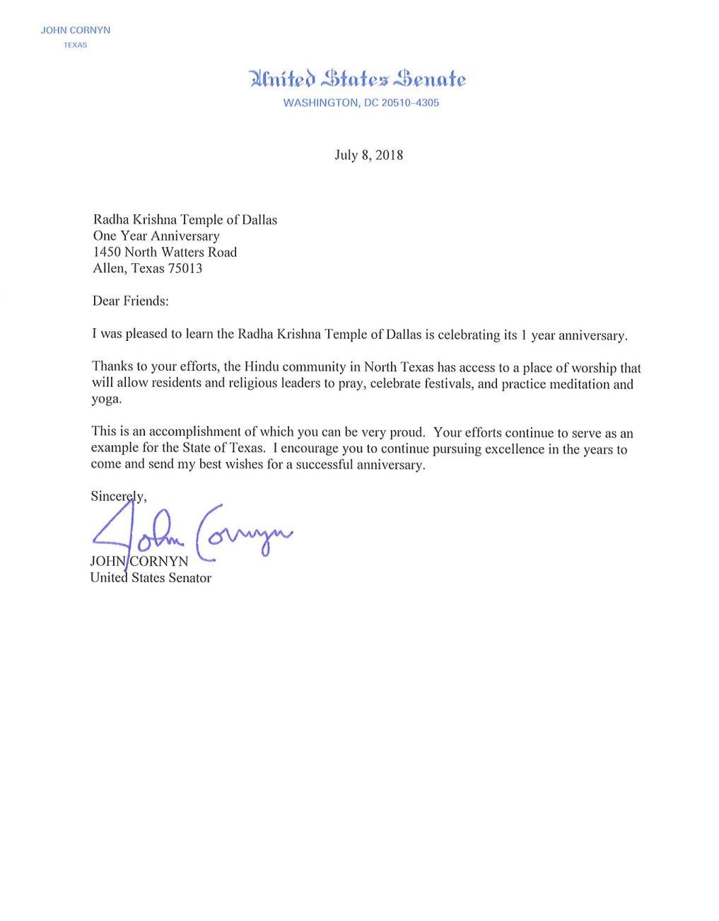 Letter from Senator John Cornyn
