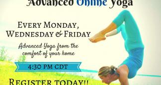 A lady doing yoga along with info about advanced yoga